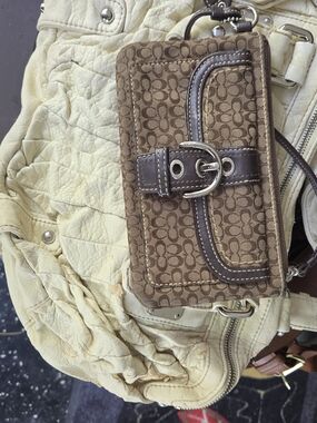Coach Brown Signature Canvas Wristlet with Dark Brown Trim and Silver Buckle
